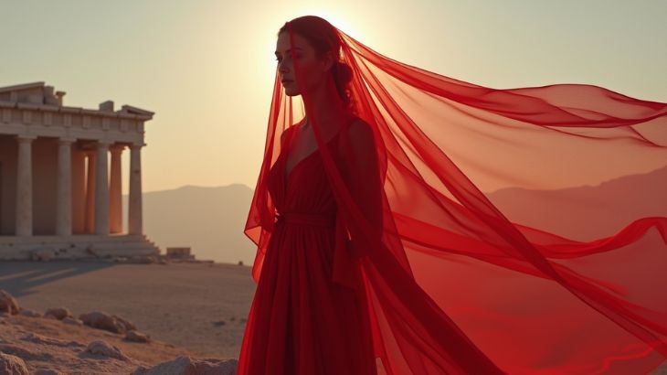 la diosa de la fertilidad representada por una diosa griega cubierta por un velo rojo